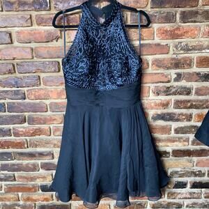 Alberto Makali Black Sleeveless High Neck Embroidered Mini A-Line Dress Size 12